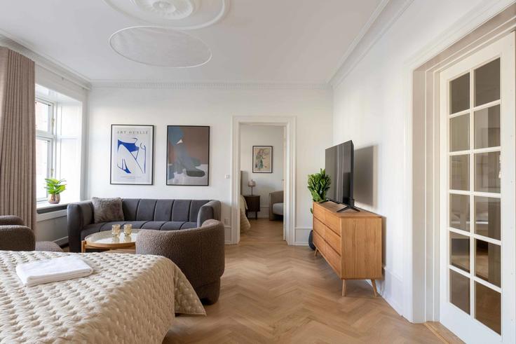Elegante sala de estar con mobiliario moderno en un apartamento en Building Trianglen - nest-udlejning-aps - 1625754 en Copenhagen, Copenhagen