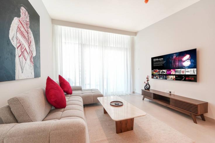 Dubai Dubai Hills EstateのBuilding Unnamed Road - nexusliving - 1624255のアパートメントにある、モダンな家具を備えたエレガントなデザインのリビングルーム Dubai Dubai Hills EstateのBuilding Unnamed Road - nexusliving - 1624255のアパートメントにある、モダンな家具を備えたエレガントなデザインのリビングルーム
