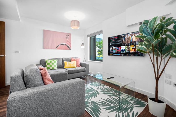 Elegant gestaltetes Wohnzimmer mit moderner Einrichtung in einer Wohnung im Building Birchall Street - nuvo-hotel-group-ltd - 1537868 in Birmingham District, Birmingham Elegant gestaltetes Wohnzimmer mit moderner Einrichtung in einer Wohnung im Building Birchall Street - nuvo-hotel-group-ltd - 1537868 in Birmingham District, Birmingham