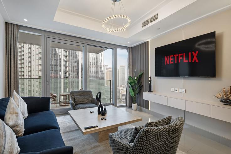 Downtown Dubai, Dubai 소재 Building Tariaq Bedon Esm - oak-tree-vacation-homes-rental - 1372968 유닛에 마련된, 현대적인 가구로 꾸며진 우아한 디자인의 거실