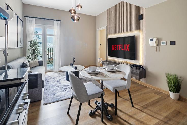 Elegant gestaltetes Wohnzimmer mit moderner Einrichtung in einer Wohnung im Building Tariaq Bedon Esm - oak-tree-vacation-homes-rental - 1316338 in Jumeirah Village, Dubai Elegant gestaltetes Wohnzimmer mit moderner Einrichtung in einer Wohnung im Building Tariaq Bedon Esm - oak-tree-vacation-homes-rental - 1316338 in Jumeirah Village, Dubai