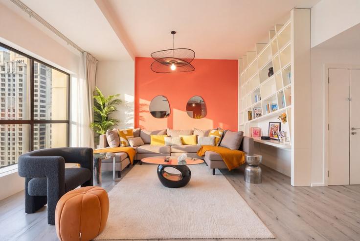 Elegantly designed living room with modern furnishings in an apartment at Building King Salman Bin Abdulaziz Al Saud Street - ocleyhomes-hostaway - 1047333 - DXB in Dubai Marina, Dubai