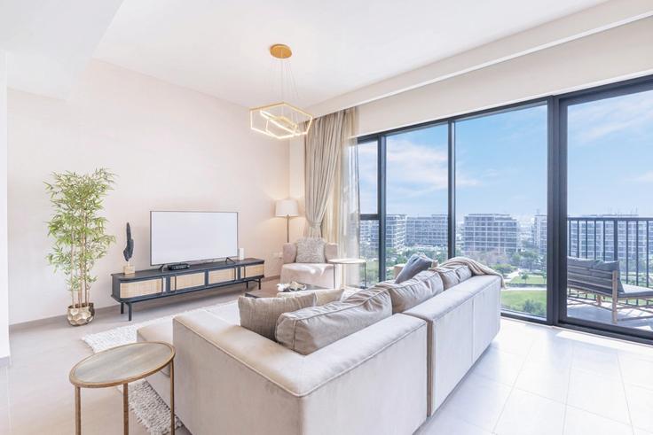 Dubai Dubai Hills EstateのBuilding Tariaq Bedon Esm - ocleyhomes-hostaway - 1047276 - DXBのアパートメントにある、モダンな家具を備えたエレガントなデザインのリビングルーム