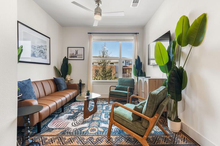 Building James Pitts Drive - oh-management-usa-llc - 1638675 adresindeki bir dairede modern mobilyalarla zarif bir şekilde tasarlanmış oturma odası McKinney, McKinney