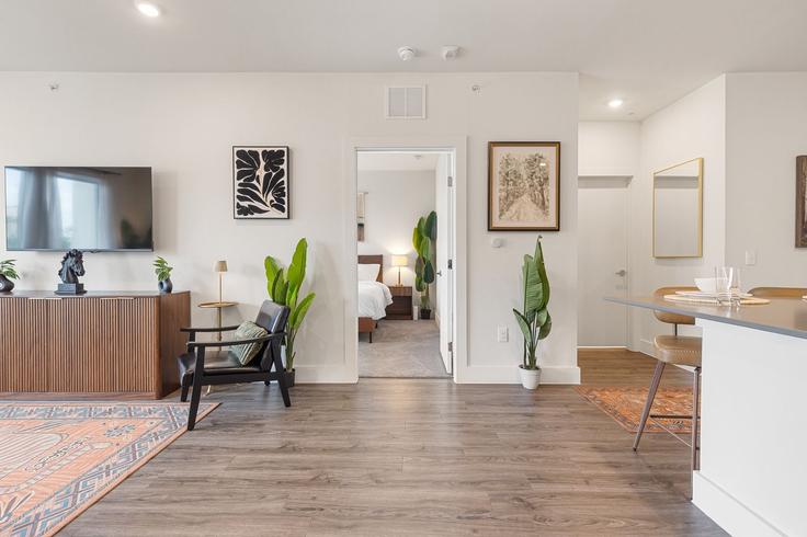 Elegant gestaltetes Wohnzimmer mit moderner Einrichtung in einer Wohnung im Building West Slaughter Lane - oh-management-usa-llc - 1537449 in Austin, Austin