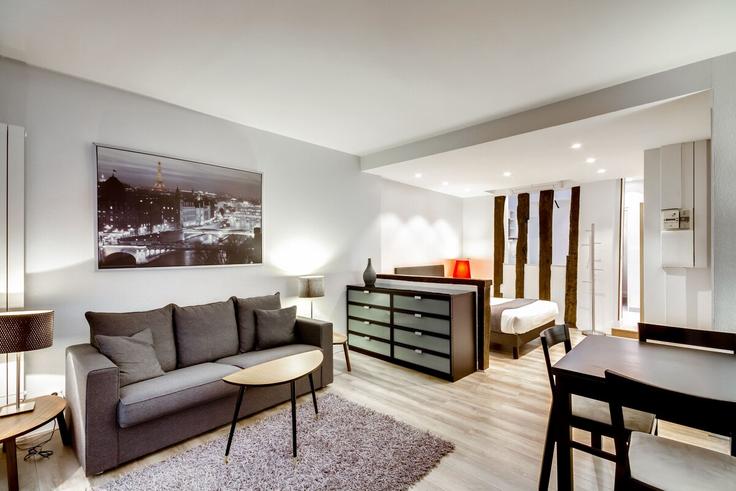 Sala de estar elegantemente projetada com móveis modernos em um apartamento no Building Square Pierre Lazareff - paris-appartements-services - 1523243 em 2nd arrondissement, Paris