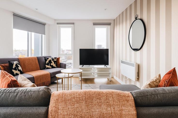 Manchester ManchesterのBuilding Lockgate Mews - passtheproperty - 1232026 - LONのアパートメントにある、モダンな家具を備えたエレガントなデザインのリビングルーム