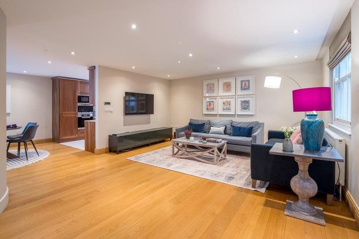 Sala de estar elegantemente projetada com móveis modernos em um apartamento no Building Dunstable Mews - primecityrentals - 1621758 em City of Westminster, London Sala de estar elegantemente projetada com móveis modernos em um apartamento no Building Dunstable Mews - primecityrentals - 1621758 em City of Westminster, London
