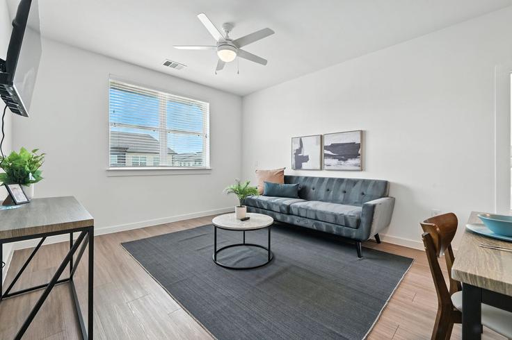 Elegante sala de estar con mobiliario moderno en un apartamento en Building Decker Lane - properties-by-preston-1 - 1613144 en Austin, Austin Elegante sala de estar con mobiliario moderno en un apartamento en Building Decker Lane - properties-by-preston-1 - 1613144 en Austin, Austin