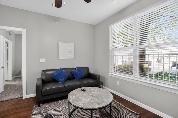 Sala de estar elegantemente projetada com móveis modernos em um apartamento no Building South Lancaster Road - properties-by-preston-1 - 1612802 em Dallas, Dallas Sala de estar elegantemente projetada com móveis modernos em um apartamento no Building South Lancaster Road - properties-by-preston-1 - 1612802 em Dallas, Dallas