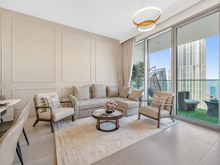 Salle de séjour élégante avec mobilier moderne dans un appartement à Building Sheikh Mohammed bin Rashid Boulevard - propigo-vacation-home-rental-co-llc - 1296860 - DXB à Downtown Dubai, Dubai