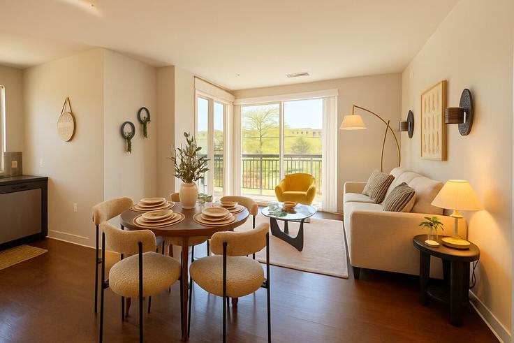 Salle de séjour élégante avec mobilier moderne dans un appartement à Building Laird Place - pure-voyage - 1515779 à Chevy Chase, Chevy Chase