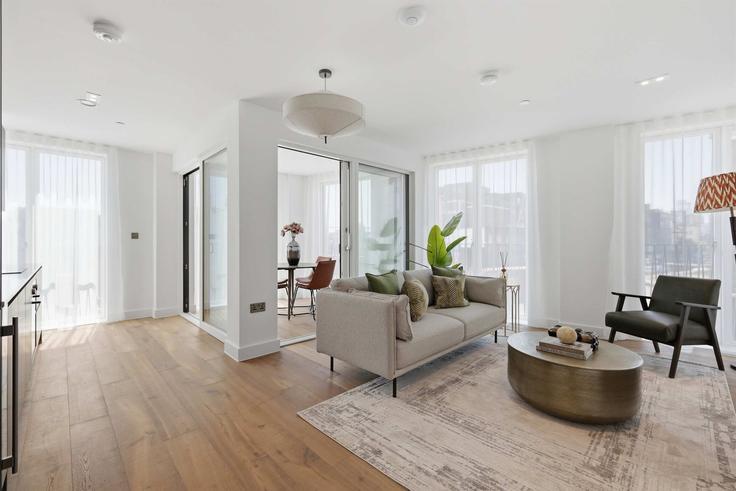 Salle de séjour élégante avec mobilier moderne dans un appartement à Building White Horse Road - redwood-living - 1646068 à London Borough of Tower Hamlets, London