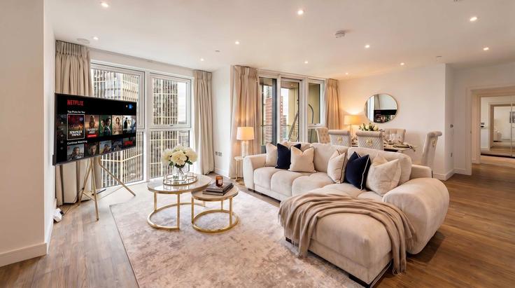 Sala de estar elegantemente projetada com móveis modernos em um apartamento no Building Wandsworth Road - regal-realms - 1591593 em London Borough of Wandsworth, London Sala de estar elegantemente projetada com móveis modernos em um apartamento no Building Wandsworth Road - regal-realms - 1591593 em London Borough of Wandsworth, London