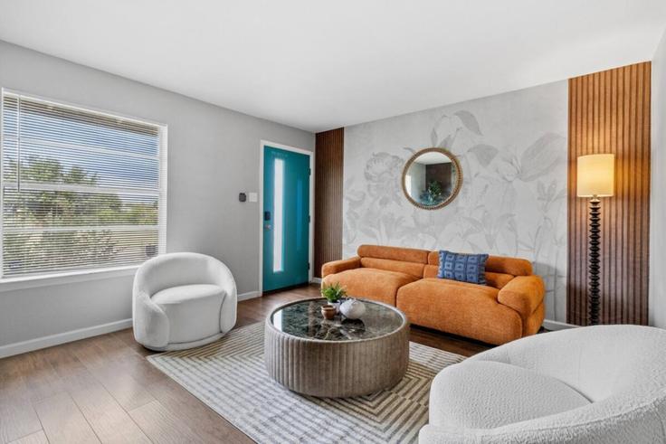 Elegante sala de estar con mobiliario moderno en un apartamento en Building Providence Avenue - rendon-property-investments-llc - 1587711 en Austin, Austin Elegante sala de estar con mobiliario moderno en un apartamento en Building Providence Avenue - rendon-property-investments-llc - 1587711 en Austin, Austin