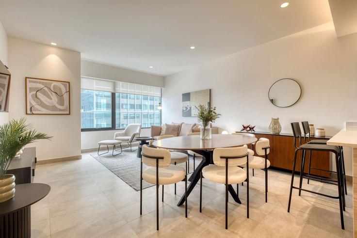 Elegantly designed living room with modern furnishings in an apartment at Building Lago Neuchatel - rentinba - 1570168 in Mexico City, Mexico City