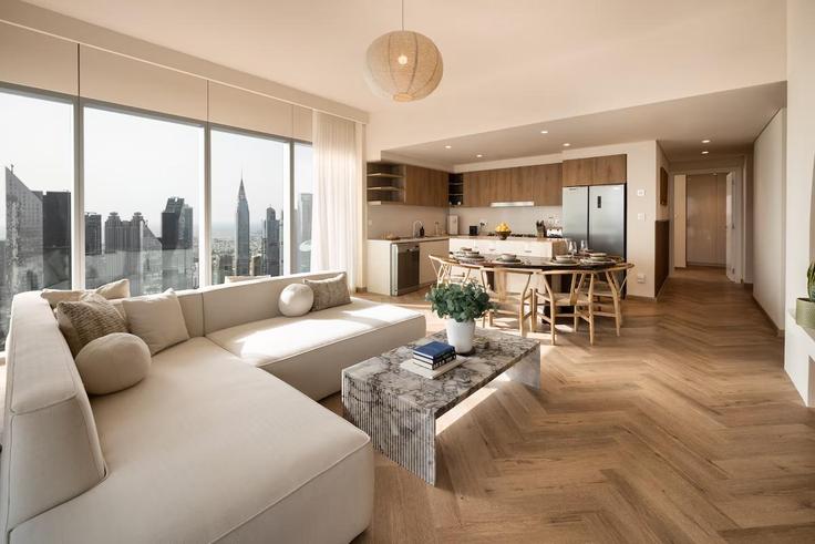 Elegantly designed living room with modern furnishings in an apartment at Building Tariaq Bedon Esm - seraya - 1378775 in Za'abeel, Dubai