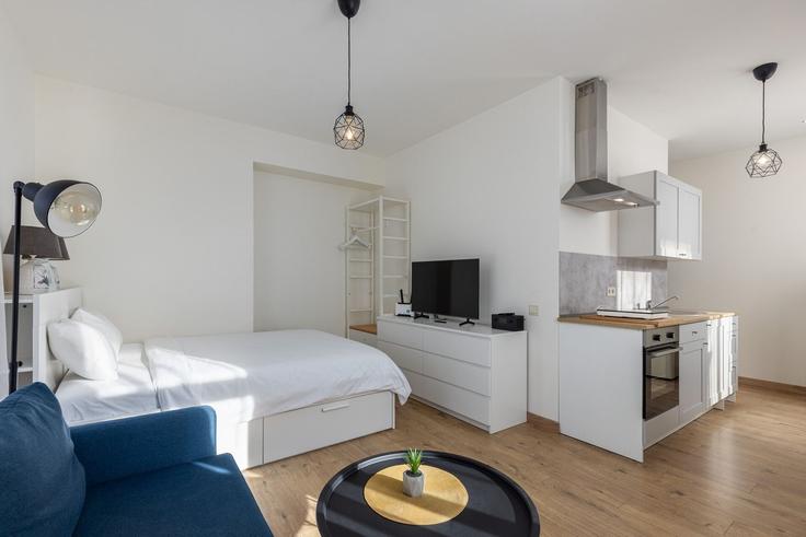 Sala de estar elegantemente projetada com móveis modernos em um apartamento no Building Kuršu laukums 7 - sia-bnbverit - 1524090 em Liepāja, Liepāja