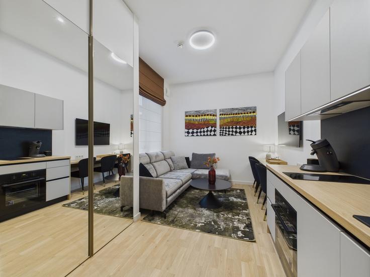 Elegant gestaltetes Wohnzimmer mit moderner Einrichtung in einer Wohnung im Building Kalēju iela 18 - sia-bnbverit - 1524152 in Central District, Riga Elegant gestaltetes Wohnzimmer mit moderner Einrichtung in einer Wohnung im Building Kalēju iela 18 - sia-bnbverit - 1524152 in Central District, Riga
