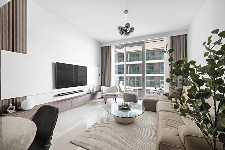 Elegante sala de estar con mobiliario moderno en un apartamento en Building Tariaq Bedon Esm - silkhaus - 1044269 - DXB en The Palm Jumeirah, Dubai Elegante sala de estar con mobiliario moderno en un apartamento en Building Tariaq Bedon Esm - silkhaus - 1044269 - DXB en The Palm Jumeirah, Dubai