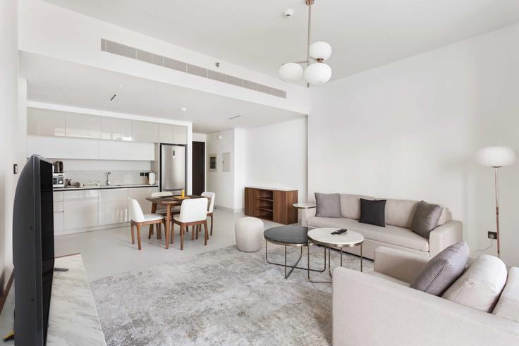 Elegantly designed living room with modern furnishings in an apartment at Building Tariaq Bedon Esm - silkhaus - 1024338 - DXB in The Palm Jumeirah, Dubai Elegantly designed living room with modern furnishings in an apartment at Building Tariaq Bedon Esm - silkhaus - 1024338 - DXB in The Palm Jumeirah, Dubai