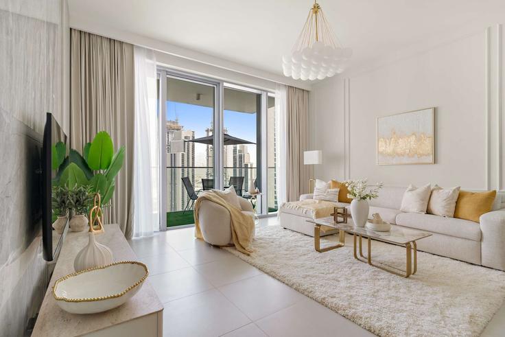 Salle de séjour élégante avec mobilier moderne dans un appartement à Building Tariaq Bedon Esm - silkhaus - 1323710 à Al Kheeran First, Dubai Salle de séjour élégante avec mobilier moderne dans un appartement à Building Tariaq Bedon Esm - silkhaus - 1323710 à Al Kheeran First, Dubai