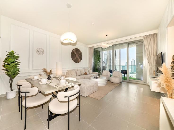 Dubai Downtown DubaiのBuilding Sheikh Mohammed bin Rashid Boulevard - skylineserenity - 1297635 - DXBのアパートメントにある、モダンな家具を備えたエレガントなデザインのリビングルーム