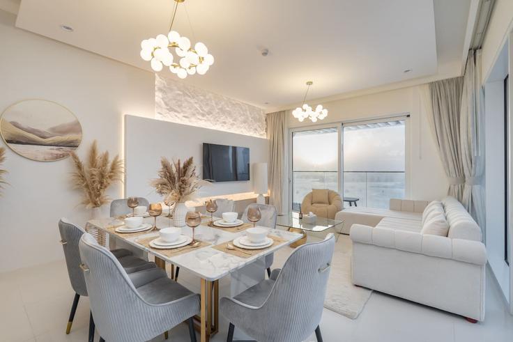 Elegantly designed living room with modern furnishings in an apartment at Building Tariaq Bedon Esm - skylineserenity - 1297643 - DXB in The Palm Jumeirah, Dubai Elegantly designed living room with modern furnishings in an apartment at Building Tariaq Bedon Esm - skylineserenity - 1297643 - DXB in The Palm Jumeirah, Dubai