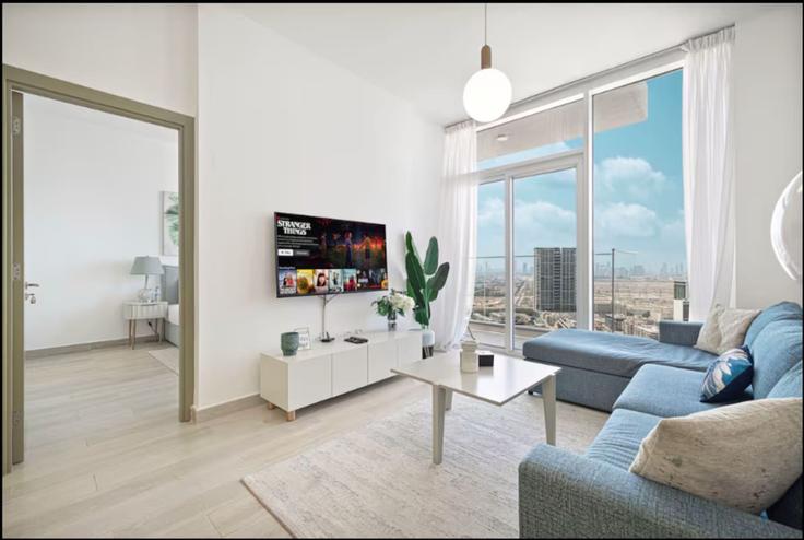 Salle de séjour élégante avec mobilier moderne dans un appartement à Building Lazuward South West - skylineserenity - 1300978 - DXB à Jumeirah Village, Dubai