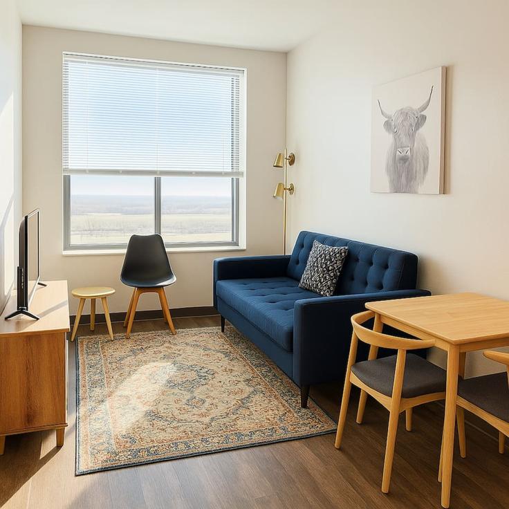 Elegant gestaltetes Wohnzimmer mit moderner Einrichtung in einer Wohnung im Building 8th Street - sleepover-inc - 1534867 in West Des Moines, West Des Moines
