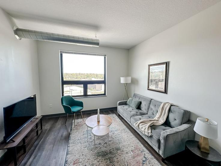 Elegant gestaltetes Wohnzimmer mit moderner Einrichtung in einer Wohnung im Building 8th Street - sleepover-inc - 1534868 in West Des Moines, West Des Moines
