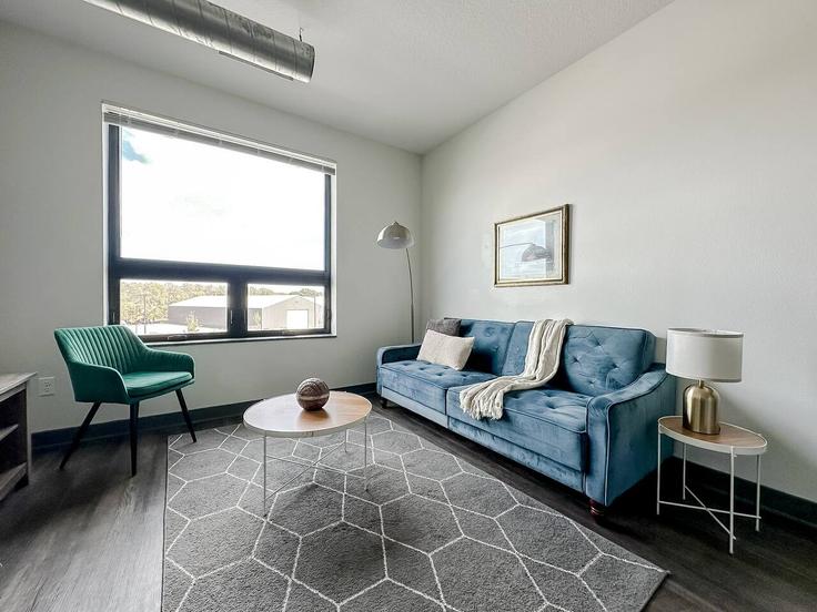 Elegant gestaltetes Wohnzimmer mit moderner Einrichtung in einer Wohnung im Building 8th Street - sleepover-inc - 1534872 in West Des Moines, West Des Moines