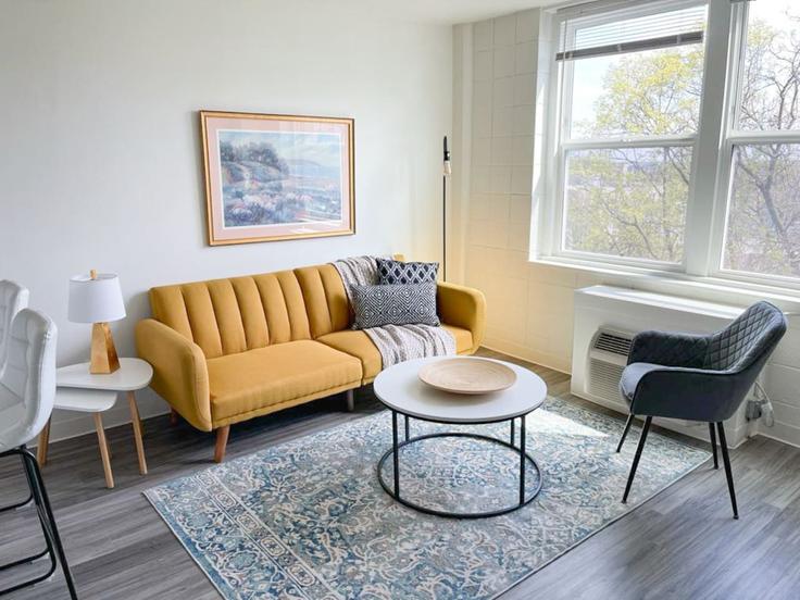 Cincinnati CincinnatiのBuilding East McMillan Street - sleepover-inc - 1534911のアパートメントにある、モダンな家具を備えたエレガントなデザインのリビングルーム Cincinnati CincinnatiのBuilding East McMillan Street - sleepover-inc - 1534911のアパートメントにある、モダンな家具を備えたエレガントなデザインのリビングルーム