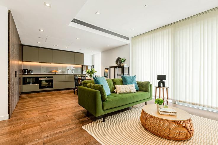 Elegantly designed living room with modern furnishings in an apartment at Building Circus Road West - smart-host-group-ted - 1513411 in London Borough of Wandsworth, London