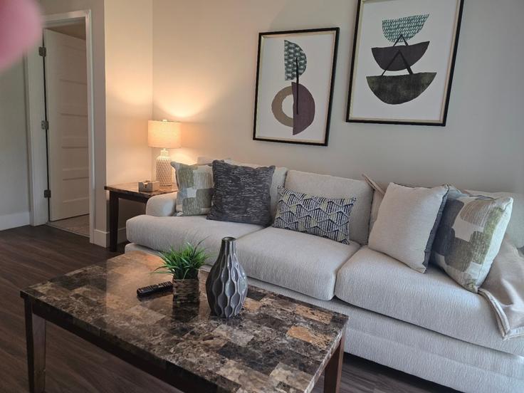 Elegant gestaltetes Wohnzimmer mit moderner Einrichtung in einer Wohnung im Building Indian Hills Drive - somni-corporate-housing - 1648829 in Sioux City, Sioux City