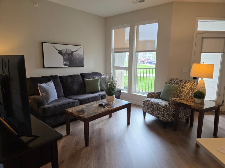 Elegant gestaltetes Wohnzimmer mit moderner Einrichtung in einer Wohnung im Building North 170th Street - somni-corporate-housing - 1648527 in Omaha, Omaha Elegant gestaltetes Wohnzimmer mit moderner Einrichtung in einer Wohnung im Building North 170th Street - somni-corporate-housing - 1648527 in Omaha, Omaha
