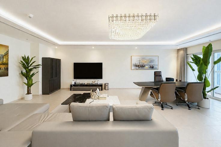 Dubai Dubai MarinaのBuilding Al Sharta Street - stay-group-2 - 1629356のアパートメントにある、モダンな家具を備えたエレガントなデザインのリビングルーム Dubai Dubai MarinaのBuilding Al Sharta Street - stay-group-2 - 1629356のアパートメントにある、モダンな家具を備えたエレガントなデザインのリビングルーム