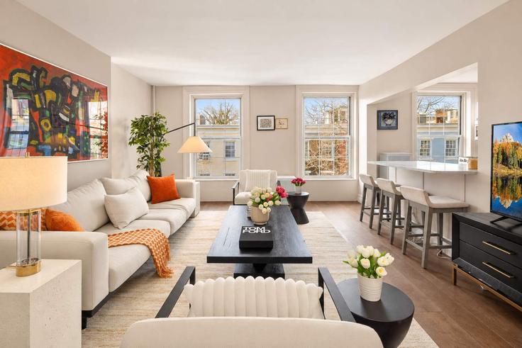 Elegantly designed living room with modern furnishings in an apartment at Building Sullivan Street - stayhausguesty - 1257494 - NYC in Manhattan, New York