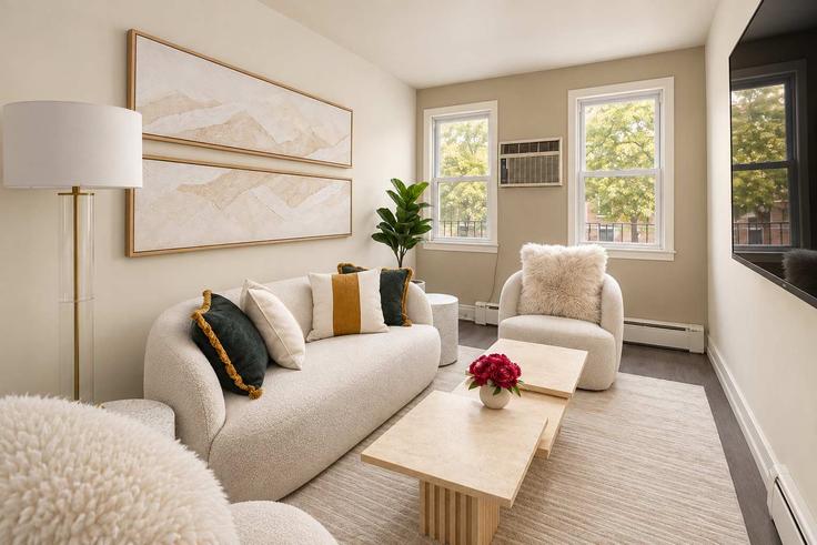 Salle de séjour élégante avec mobilier moderne dans un appartement à Building Graham Avenue - stayhausguesty - 1539413 à Brooklyn, New York