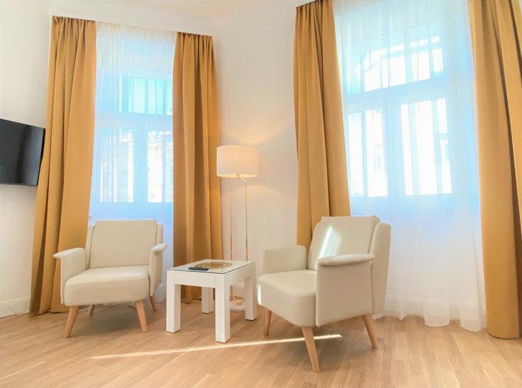 Vienna, Vienna에 위치한 Building Leibnizgasse - steiner-residences-cloudbeds - 1320714 유닛의 세련된 인테리어가 돋보이는 거실 Vienna, Vienna에 위치한 Building Leibnizgasse - steiner-residences-cloudbeds - 1320714 유닛의 세련된 인테리어가 돋보이는 거실