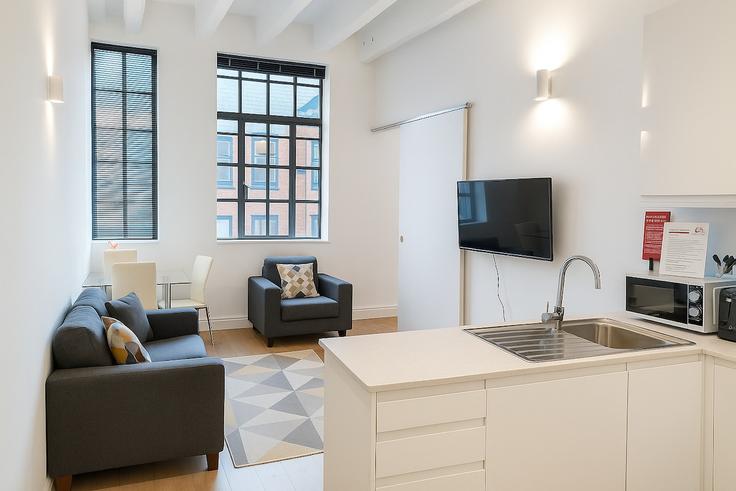 Elegant gestaltetes Wohnzimmer mit moderner Einrichtung in einer Wohnung im Building Hatton Garden - stilllifeglobal - 1059048 - LON in London Borough of Islington, London Elegant gestaltetes Wohnzimmer mit moderner Einrichtung in einer Wohnung im Building Hatton Garden - stilllifeglobal - 1059048 - LON in London Borough of Islington, London