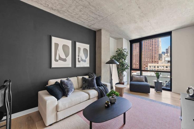 Sala de estar elegantemente projetada com móveis modernos em um apartamento no Building South LaSalle Street - the-dream-rentals - 1244951 - CHI em Chicago, Chicago