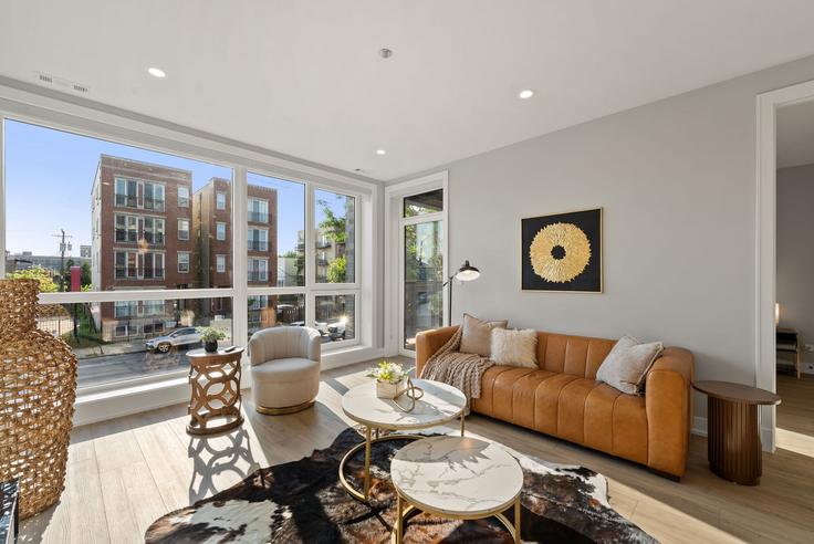 Elegantly designed living room with modern furnishings in an apartment at Building West Polk Street - the-dream-rentals - 1253778 - CHI in Chicago, Chicago