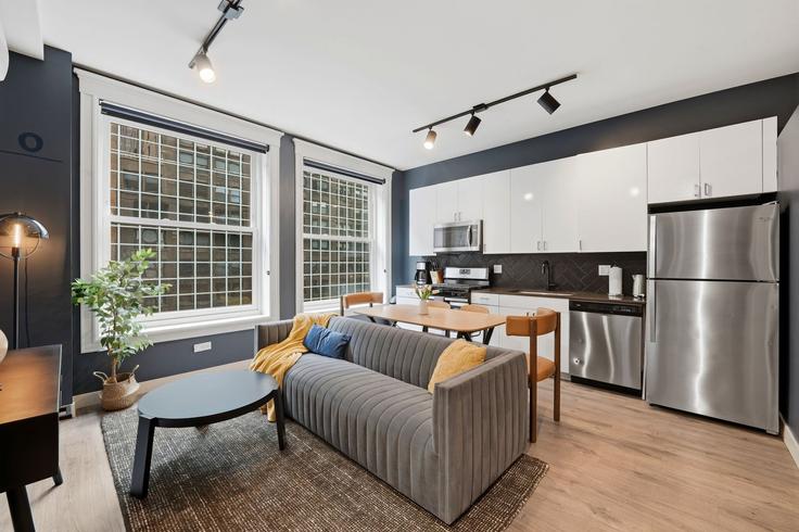 Sala de estar elegantemente projetada com móveis modernos em um apartamento no Building South Dearborn Street - the-dream-rentals - 1521535 em Chicago, Chicago