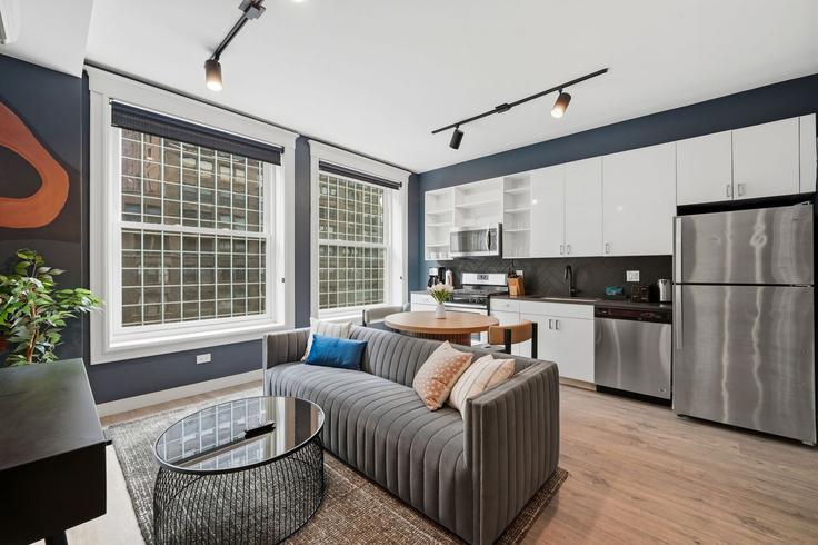 Elegante sala de estar con mobiliario moderno en un apartamento en Building South Dearborn Street - the-dream-rentals - 1521501 en Chicago, Chicago