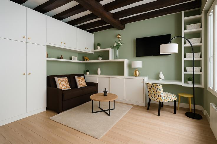 Building Rue Montmartre - the-flex-paris - 1388300 adresindeki bir dairede modern mobilyalarla zarif bir şekilde tasarlanmış oturma odası 2nd arrondissement, Paris