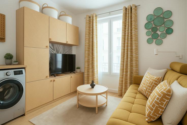 Salle de séjour élégante avec mobilier moderne dans un appartement à Building Rue Ganneron - the-flex-paris - 1388301 à 18th arrondissement, Paris Salle de séjour élégante avec mobilier moderne dans un appartement à Building Rue Ganneron - the-flex-paris - 1388301 à 18th arrondissement, Paris