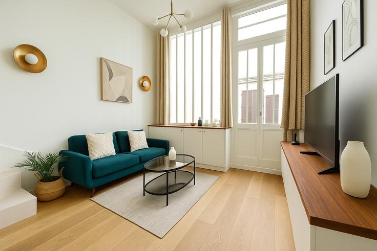 Building Rue Clauzel - the-flex-paris - 1388320 adresindeki bir dairede modern mobilyalarla zarif bir şekilde tasarlanmış oturma odası 9th arrondissement, Paris