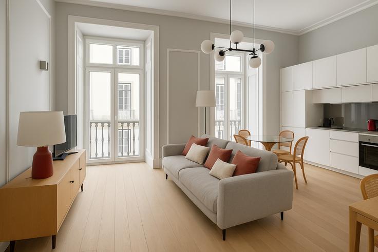 Elegantly designed living room with modern furnishings in an apartment at Building Rua Nova do Almada - the-flex-paris - 1388309 in Santa Maria Maior, Lisbon