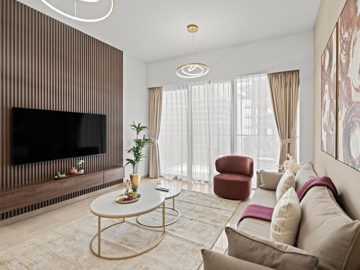 Elegante sala de estar con mobiliario moderno en un apartamento en Building Tariaq Bedon Esm - the-prive-hospitality-vacation-homes - 1258197 - DXB en Downtown Dubai, Dubai